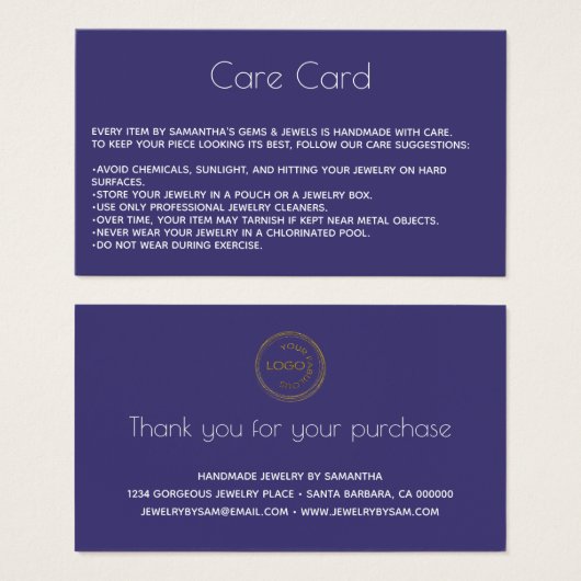 Instructions pour la carte de bijoux avec logo Pur (Devant & derrière)