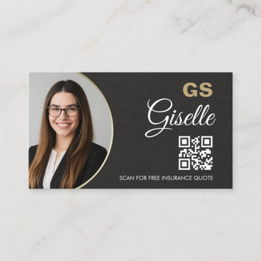 Insurance Agent Linen Black Photo QR Code  Visitekaartje (Voorkant)