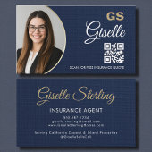 Insurance Agent Navy Blue Gold Photo QR Code Linen Visitekaartje