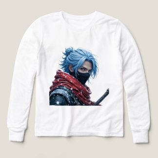 Intense Blue-Haired Swordsman in Snowy Setting Por