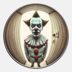 Intense clown die door de deuropening staart Fis Ronde Sticker