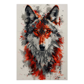 Intense red wolf with striking abstract elements.  perfect poster
