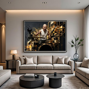 Intense Rock Drummer Goud & Zwart Muziekontwerp Canvas Afdruk