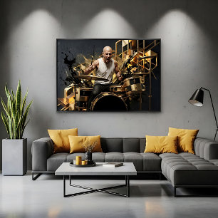 Intensieve Rockdrummer Goud & Zwart Muziekontwerp Poster