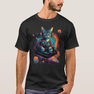 Intergalactische Kosmische DJ Kat Levendige Retro  T-shirt