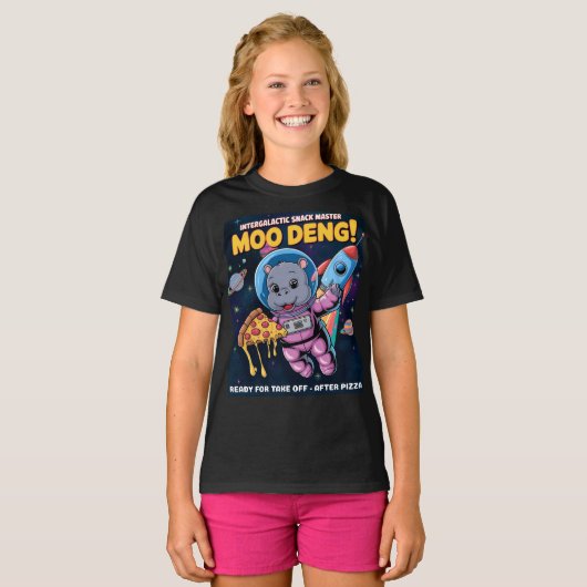 Intergalactische Moo Deng Baby Hippo Pizza Adventu T-shirt (Voorkant volledig)