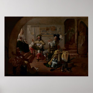 Interieur met soldaten en vrouwen poster