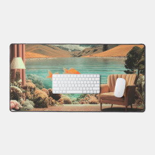 Intérieur surréaliste avec poissons et paysage au