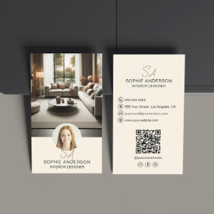Interieurontwerper Monogram Foto QR Cream Visitekaartje