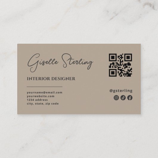 Interior Designer Neutral Taupe Script QR Code Visitekaartje (Achterkant)