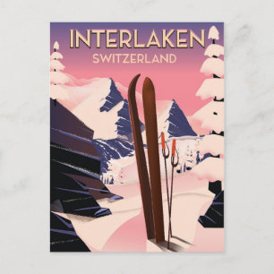Interlaken Zwitserland Ski reisposter. Briefkaart