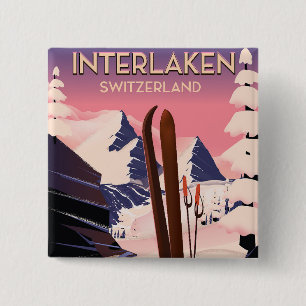 Interlaken Zwitserland Ski reisposter. Vierkante Button 5,1 Cm