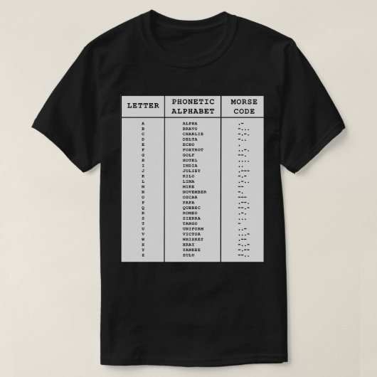 International Phonetic Alphabet Morse Code Chart T-shirt (Design voorkant)