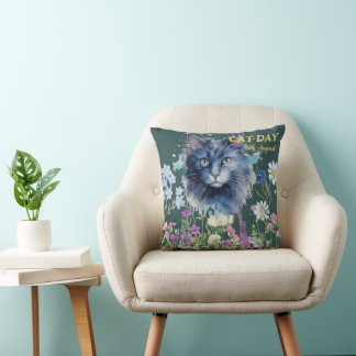 Internationale Kattendag Waterverf Wilde Bloem Kussen