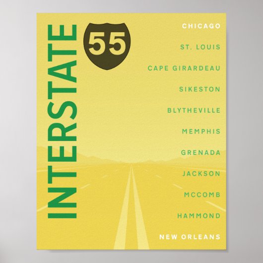 Interstate 55 (I-55) Poster (geel) (Voorkant)