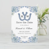 Intertwind Blue Hoefijzer Monogram Floral Foto Save The Date (Staand voorkant)