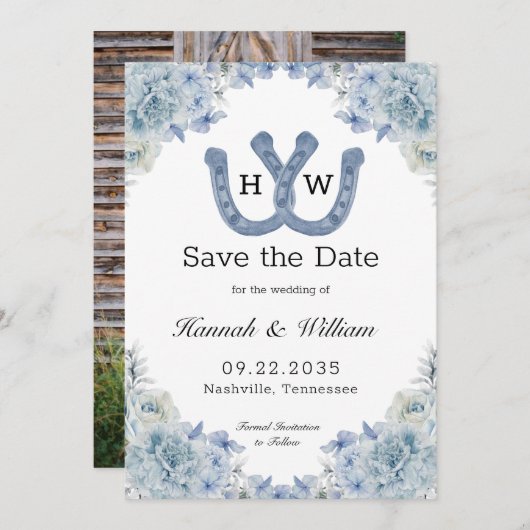 Intertwind Blue Hoefijzer Monogram Floral Foto Save The Date (Voorkant / Achterkant)
