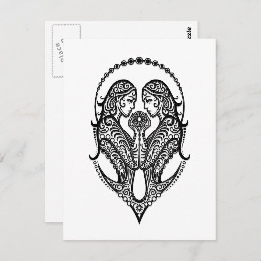 Intricate Black Gemini Zodiac op White Briefkaart (Voorkant / Achterkant)