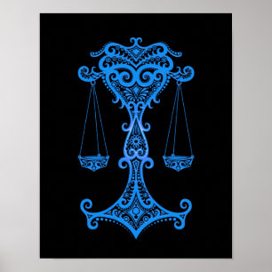 Intricate Blue Libra Zodiac op Black Poster
