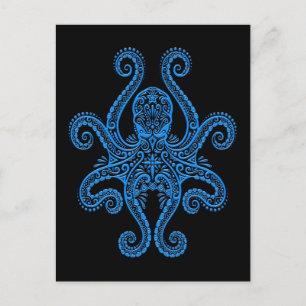 Intricate Blue Octopus op zwart Briefkaart