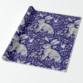 Intricate Blue Rabbit Bird Morris Style Pattern Cadeaupapier (Uitgerold)
