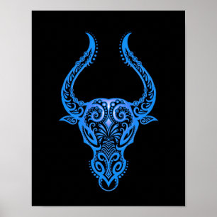 Intricate Blue Taurus Zodiac op zwart Poster