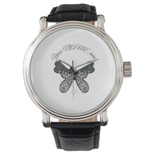 Intricate Boho Mandala Vlinder Zwart en Wit A Horloge