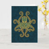 Intricate Golden Blue Octopus Kaart (Gele Bloem)