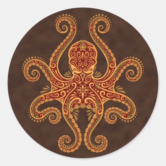 Intricate Golden Red Octopus Ronde Sticker (Voorkant)