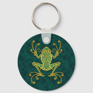 Intricate gouden blauwe boomkikker sleutelhanger