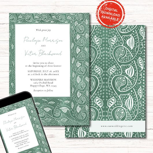 Intricate Leaf Frame on Green Wedding Invitation