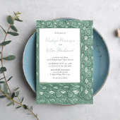 Intricate Leaf Frame on Green Wedding Invitation
