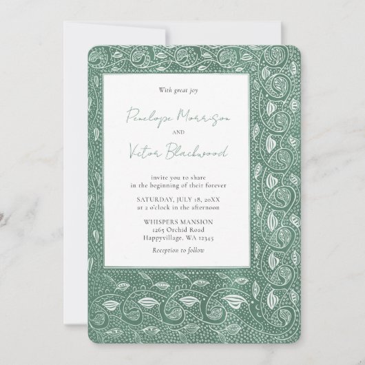 Intricate Leaf Frame on Green Wedding Invitation Kaart (Voorkant)