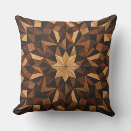 "Intricate Marquetry Geometric Wood Throw Pillow" Buitenkussen