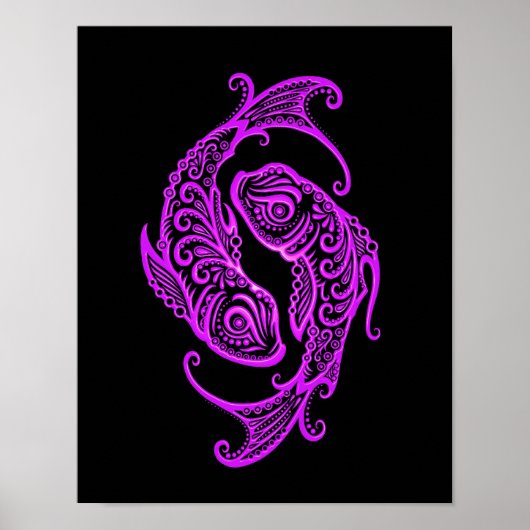 Intricate Paarse Pisces Zodiac op Black Poster (Voorkant)