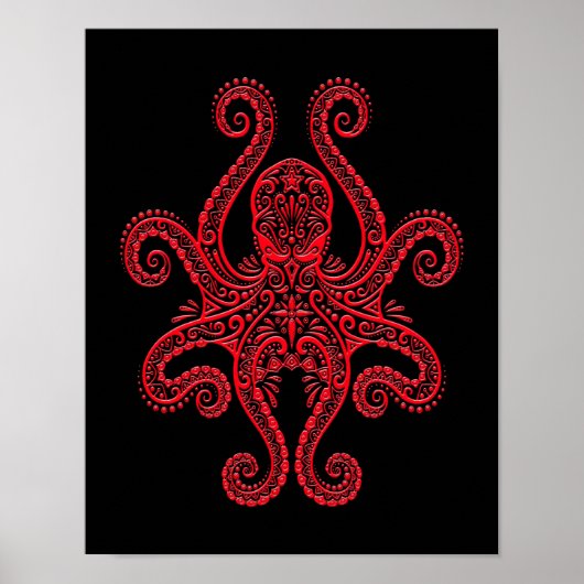 Intricate Red Octopus op zwart Poster (Voorkant)