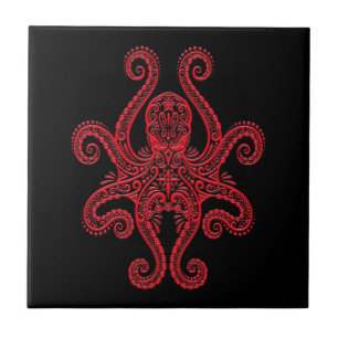 Intricate Red Octopus op zwart Tegeltje