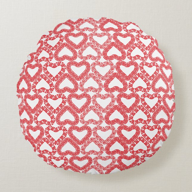 Intricate Red Ornamental Heart Tile Rond Kussen (Voorkant)