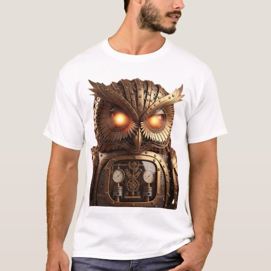 Intricate Steampunk Owl Automaton with Glowing Eye T-shirt (Voorkant)