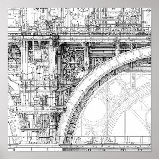 Intricate Steampunk Scaffolding Technical Line Art Poster (Voorkant)