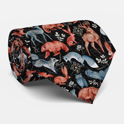  Intricate woodland animals pattern Stropdas (Opgerold)
