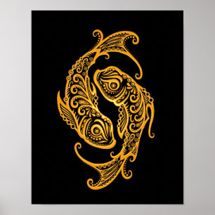 Intricate Yellow Pisces Zodiac op zwart Poster