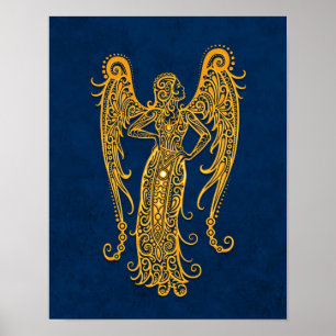 Intricate Yellow Virgo Zodiac op blauw Poster