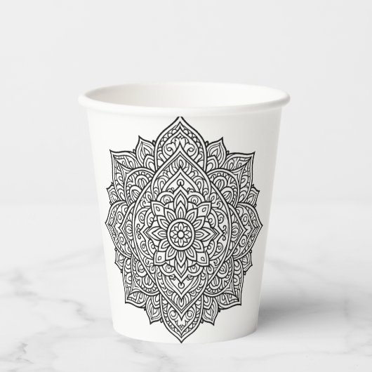 Intricate Zwarte Lijn Mandala Kunst Papieren Bekers (Voorkant)
