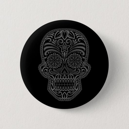 Intricate zwarte suikerschedel ronde button 5,7 cm (Voorkant)