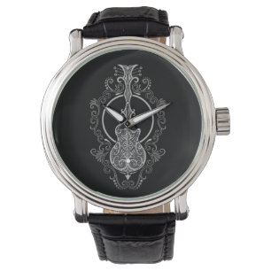 Intriciteit grijs gitaarontwerp op zwart horloge