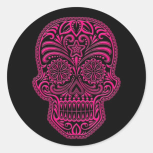 Intriciteit roze suikerschedel op zwart ronde sticker