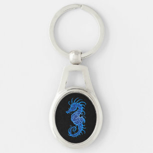 Intrict Blue Seahorse Design on Black Sleutelhanger