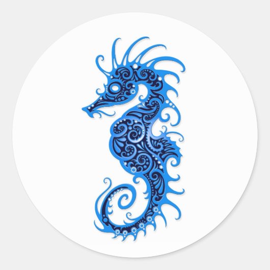 Intrict Blue Seahorse Design on White Ronde Sticker (Voorkant)