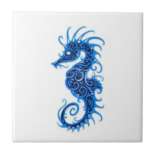 Intrict Blue Seahorse Design on White Tegeltje